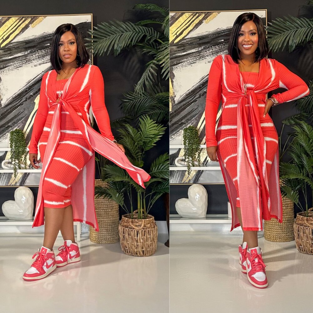 Strut Sis Tye Dye Cardigan and Dress Set | Versatile Day-to-Night Out | Coral